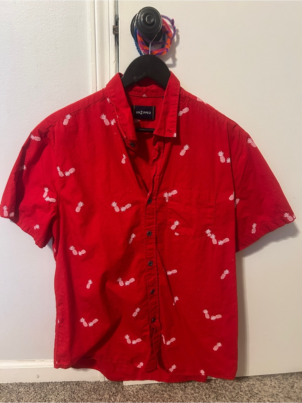 Unzipped Red Short-Sleeve Pineapple Print Shirt